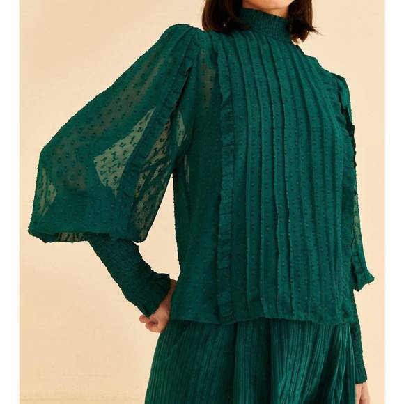 NEW FARM RIO ruffled long sleeve blouse in emerald - Picture 2 of 6
